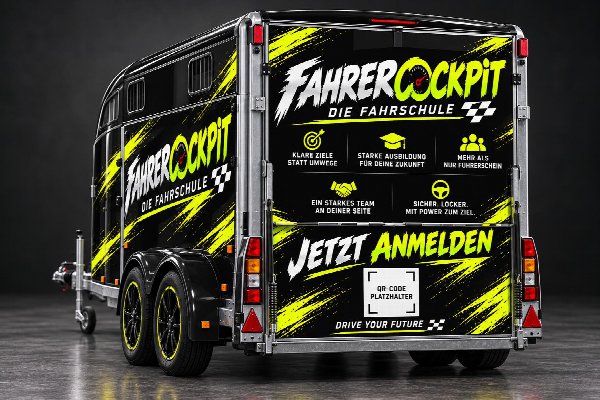 Heckansicht des FahrerCockpit-Schulungsanhängers mit Schriftzug Jetzt Anmelden