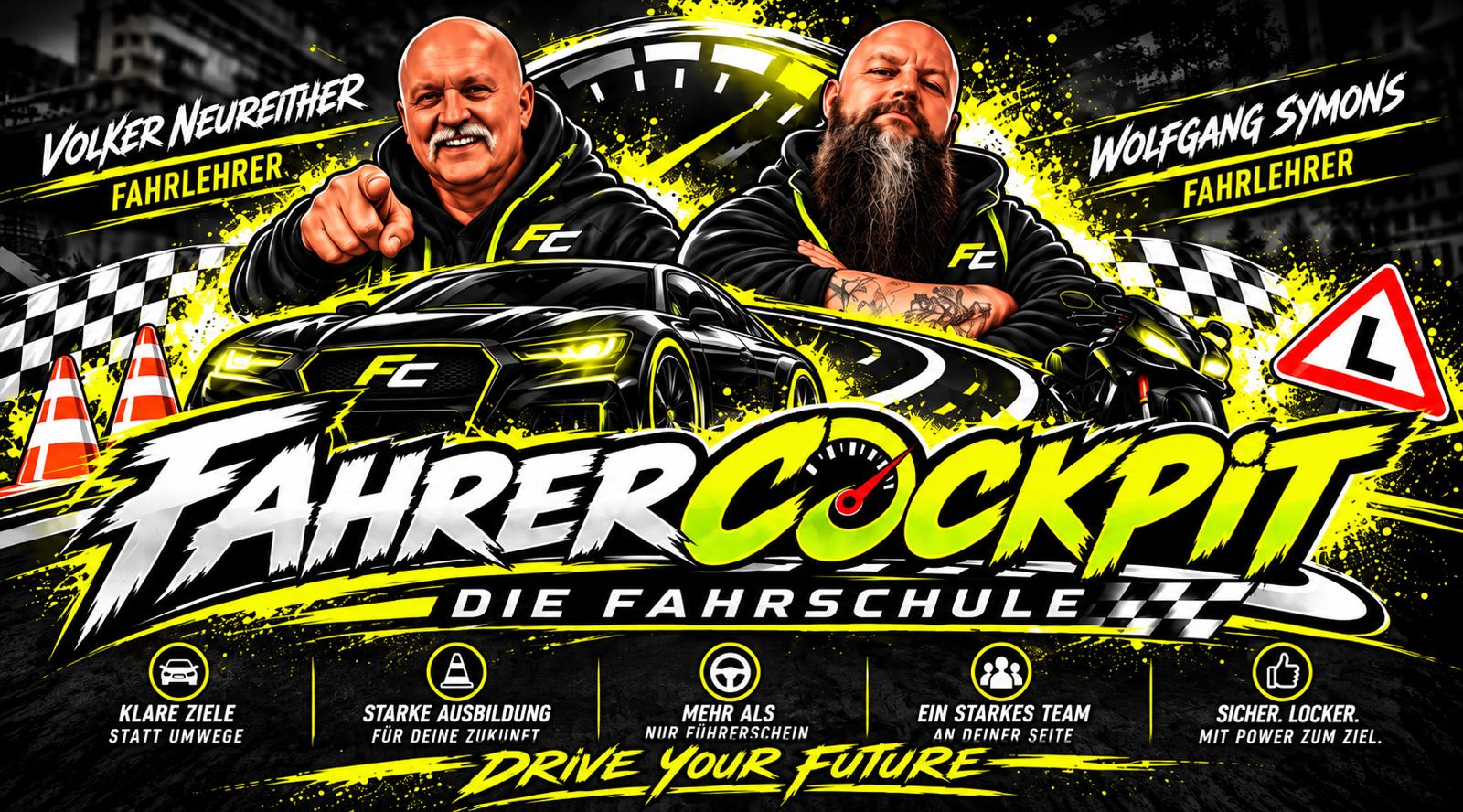 FahrerCockpit-Motiv mit Volker Neureither, Wolfgang Symons, Sportwagen und Fahrschullogo